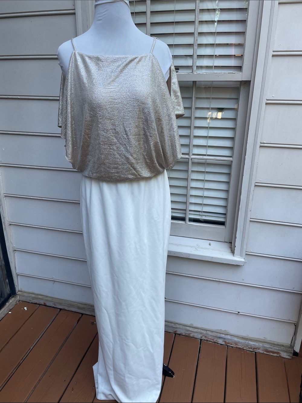 Lauren Ralph Lauren Metallic Gold -Ivory Cold-Shoulder Maxi Dress Size 12
